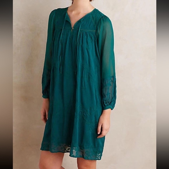 Anthropologie Tiny Women Sz XS Dress Green Boho Embroidered Luisa Swing Peasant - Picture 4 of 16